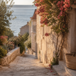 Sunlit coastal village lane