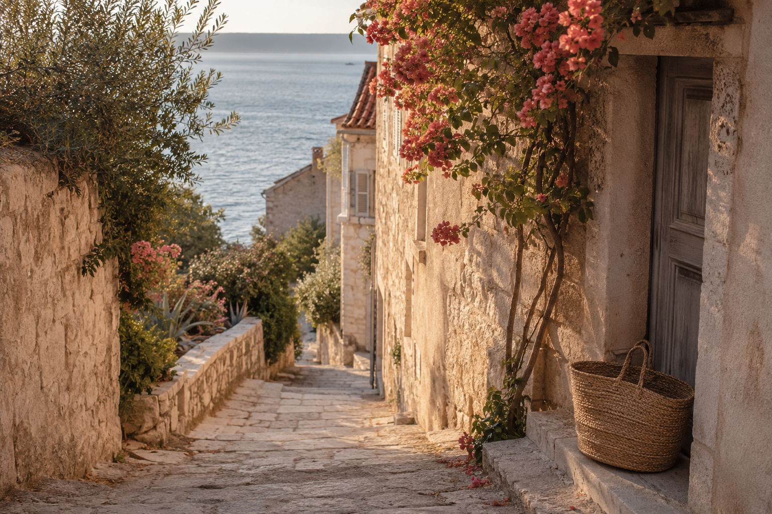 Sunlit coastal village lane