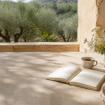 Sunlit breakfast table with journal and wildflowers