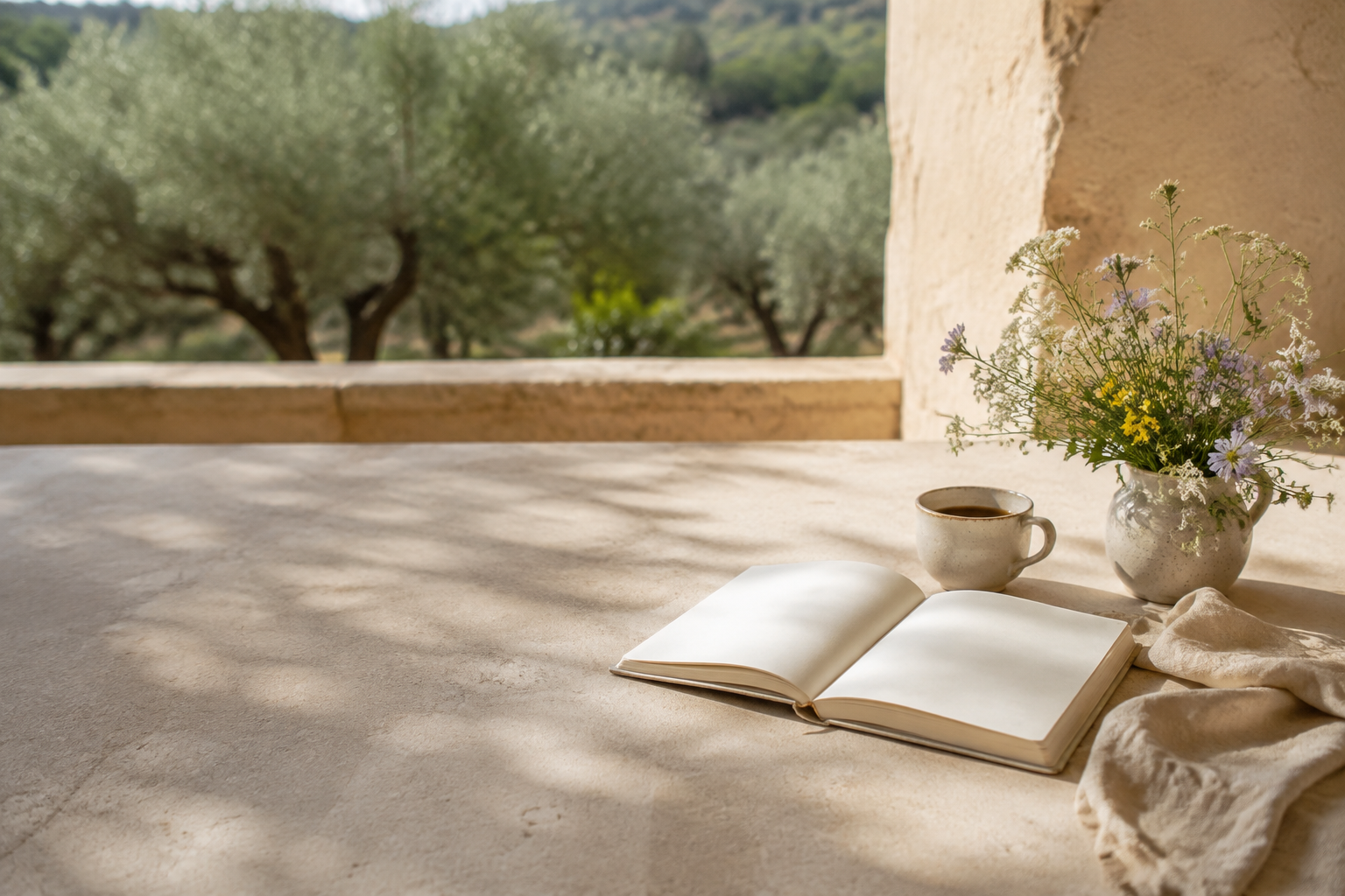 Sunlit breakfast table with journal and wildflowers